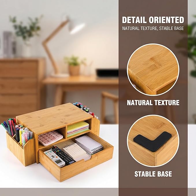 Hiceeden 2 Tier Bamboo Desktop Organizer, Desk Monitor Stand Riser with 1 Drawer and 2 Pen Holder, 2 Compartment Computer Desk Storage Organizer for Laptop, Printer