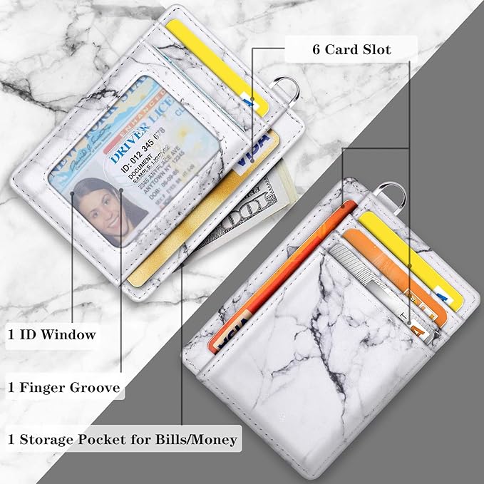 Coco Rossi Slim Front Pocket Wallet RFID Blocking Minimalist Credit Card Holder Wallet with D-Shackle for Women,White Marble