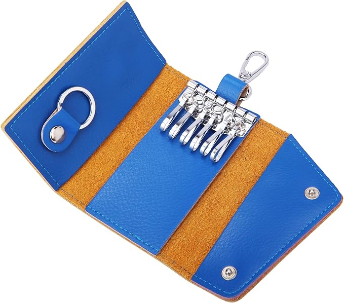 BAKUN Compact Leather Car Key Case, Key Holder Key Organizer Wallet, With 6 Hooks(Blue)