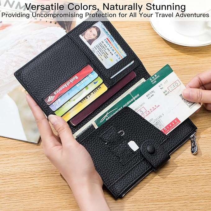 Genuine Leather RFID Blocking Passport Holder Wallet, Multi-Functional Travel Document Organizer with SIM Card Slots (Dark Khaki)