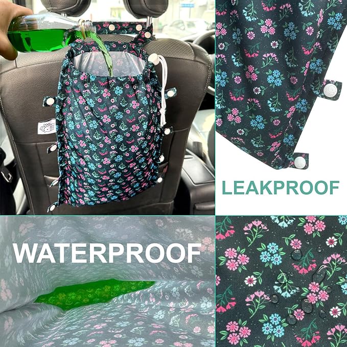 FLOCK THREE Leak-Proof Waterproof Car Trash Bag Foldable Multipurpose Trash bin Container Storage Cute Grocery Organizer Bag for Automotive Front or Back Seat in Cars SUVs and Trucks