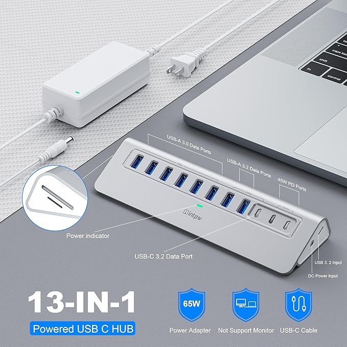 Powered USB Hub 10Gbps, intpw YH9AC Plus 13 Port USB 3.2 Hub(USB A/USB C 3.2+6 USB-A 3.0+2 PD 45W Fast Charging Ports+SD/TF Card Reader), 65W Power Adapter,Aluminum USB HUB for PC,Laptop,iPhone 17/16