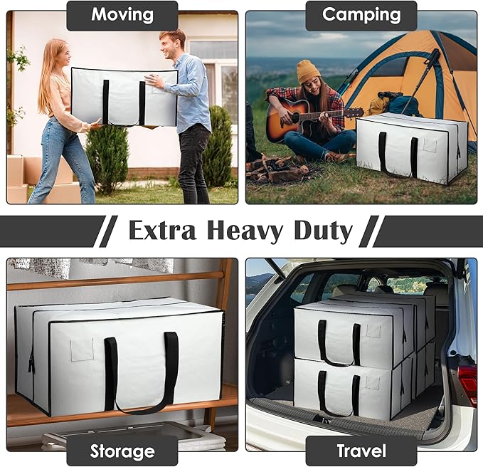 6 Pack Moving Bags Heavy Duty 210GSM with Full-Open Side Zipper, 93L 65lbs Waterproof Foldable Storage Totes for College Dorm Move-In, Moving Boxes Alternative & Home Organization,White