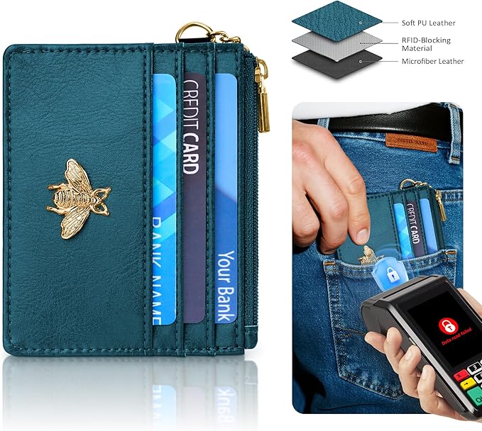 SEAVILIA Card Holder Keychain Wallet for Women with ID Window RFID Coin Purse Bee Gifts Slim Minimalist Small Wallet