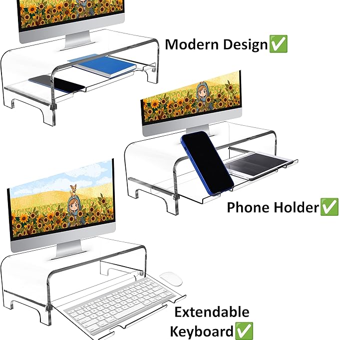 AMT 2 Tier 5.7 Inch High Acrylic Laptop Monitor Stand & Computer Riser with Cat Keyboard Protector, Space-Saving Design, Extra Storage, Clear Shelf - Ideal for Monitors, Laptops, Printers, Desktop