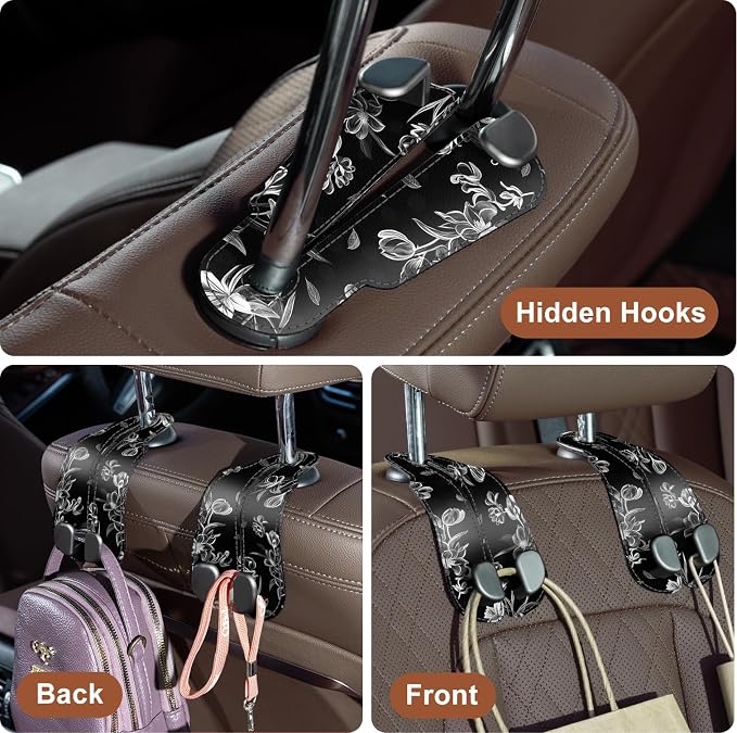 CoBak Purse Hook for Car - Universal Premium Stitched Leather and Aluminum-Magnesium Alloy Double Car Seat Back Storage Hook for Purses, Handbags, Bags (2 Pack),Floral Trace