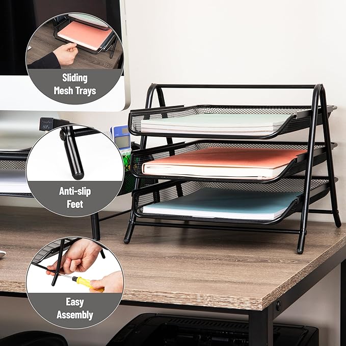 Mind Reader 3-Tier Paper Tray, Desktop Organizer, File Storage, Workspace, Office, Metal Mesh, 11.75"L x 13.75"W x 10"H, Black