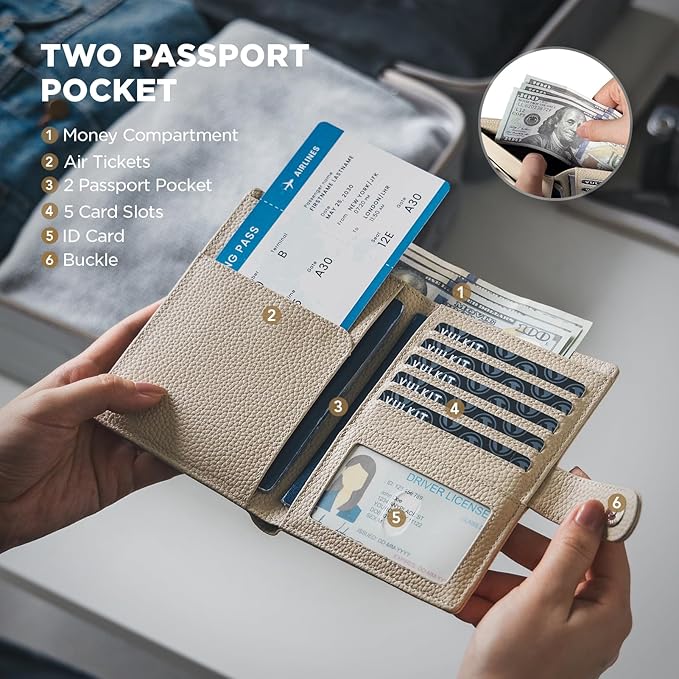 VULKIT Leather Passport Wallet for 2 Passports Slim Double Passport Holder RFID Blocking Passport Travel Wallet with ID Window for Women