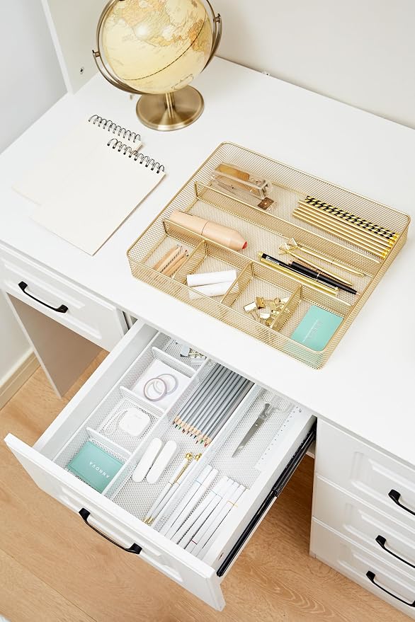 Annova Desk Top Organizer Tray for Office Organization - Metal Mesh - Storage Tray with Dividers for Pens, Desktop Accessories, Bathroom, Kitchen, Makeup and Office Supplies (Large, White)