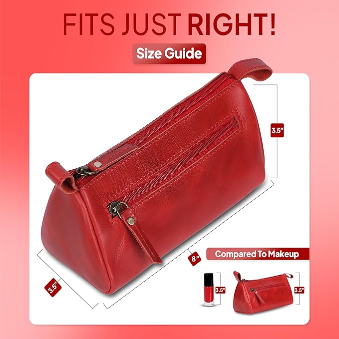 Leather Makeup Bag for Women – Genuine Leather Cosmetic Bag Travel, Handmade Zippered Makeup Pouch, Small Toiletry Bag, Shaving Kit & Stationery Organizer- Red