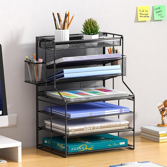 7 Tier Desk File Organizer, Black Metal Letter Tray Paper Organizer with Pull-Out Drawer, Removable Pen Holder & Hanging Basket, Vertical Desktop File Holder for Home Office, Classroom