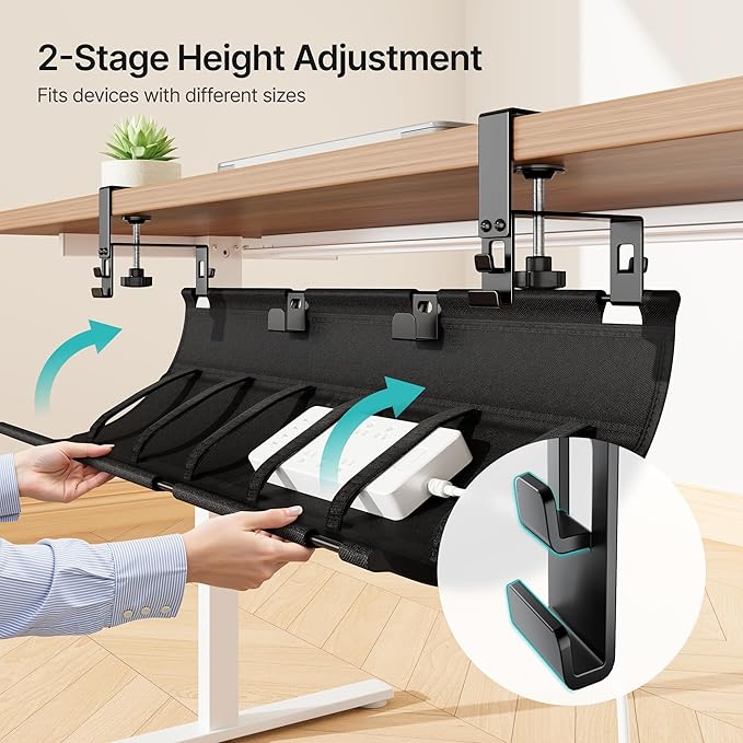 No Drill Under Desk Cable Management Tray, 31.5" Cord Management Under Desk for Table, Clamp Mount Desk Cable Management, Premium Fabric Wire Management Tray for Office, Home