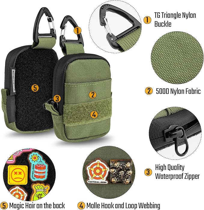 Tactical Geek Storage A6 Mini Size EDC Utility Pouch, Mini Coin Purse with Custom Carabiner, EDC Mini Size Pocket Organizer, Wireless Headset Pack, Key Waist Case for Daily Carry-Green