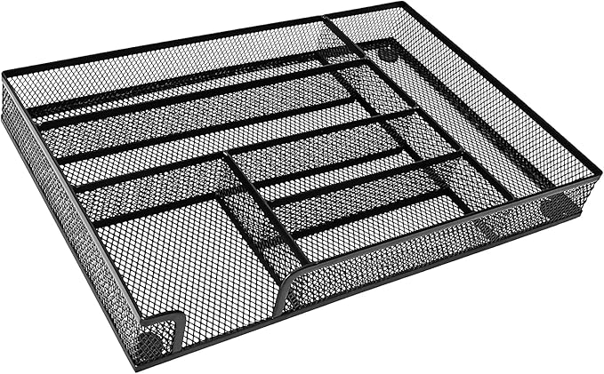 Metal Mesh Desk Drawer Organizer Tray, 6-Compartment Office Drawer Organizer for Pens Supplies, 12.6"x8.27"x1.57" Black