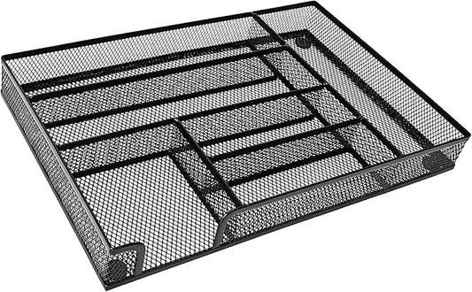 Metal Mesh Desk Drawer Organizer Tray, 6-Compartment Office Drawer Organizer for Pens Supplies, 12.6"x8.27"x1.57" Black