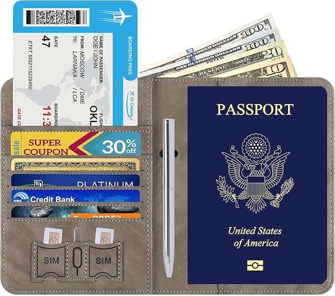 Passport Holder for Travel Essentials Wallet Rfid Blocking Cover Leather Case Vacation Travel Accessories for Women Men (602#Grey)