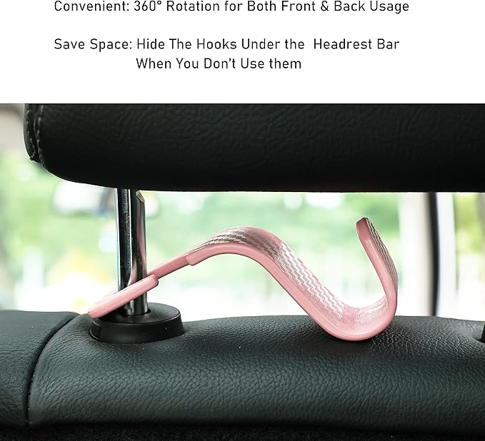 Car Seat Headrest Hook Universal Vehicle Seat Hook Hangers Interior Storage Organizer for Purse Handbag Coats Umbrellas Grocery Bags 4 Pack Pink