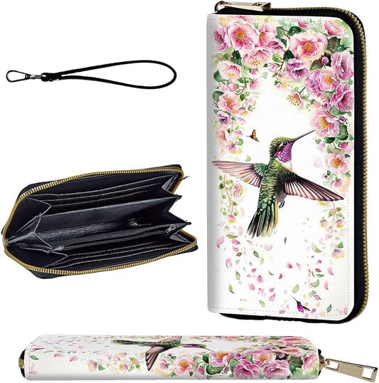 Wallet,Leather Long Wallet Suitable For Ladies And Teenagers - Detachable Wristband + RFID Travel Wallet With Card Slot - Hummingbird and Flowers