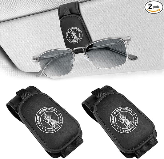 2 Pack Saint Christopher Medal for Car Visor Clip, Catholic Gift for New Driver, Upgrade Magnetic Leather Sunglasses Glasses Eyeglasses Visor Holder Clip