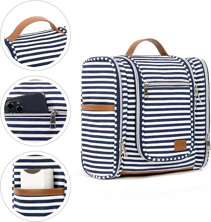 Hanging Travel Toiletry Bag For Women, 4 in 1 Water-Resistant Bule Stripe Canvas Fabric Toiletries Bags, Travel Organizer Bags For Cosmetics, Makeup and Toiletries Organizer Kit