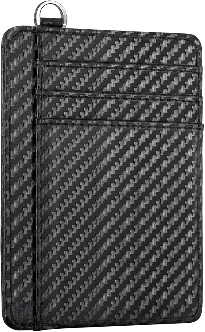 Coco Rossi Slim Front Pocket Wallet RFID ID Card Holder Cute Small Wallet with Keychian for Women,Carbon Fiber