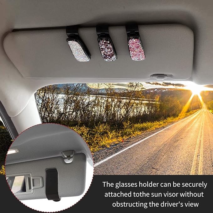 Glasses Holders for Car Sun Visor, 2 Pack Bling Crystal Rhinestones Fashion Car Eyeglasses Sunglasses Hanger Mount with Ticket Card Clip for Women Girls (Silver)