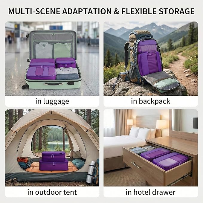 4 Piece Compression Packing Cubes for 3–7 Day Travel, Space Saving Travel Organizers with Breathable Mesh, Double-Zipper Packing Cubes for Carry-On & Suitcases (Purple)