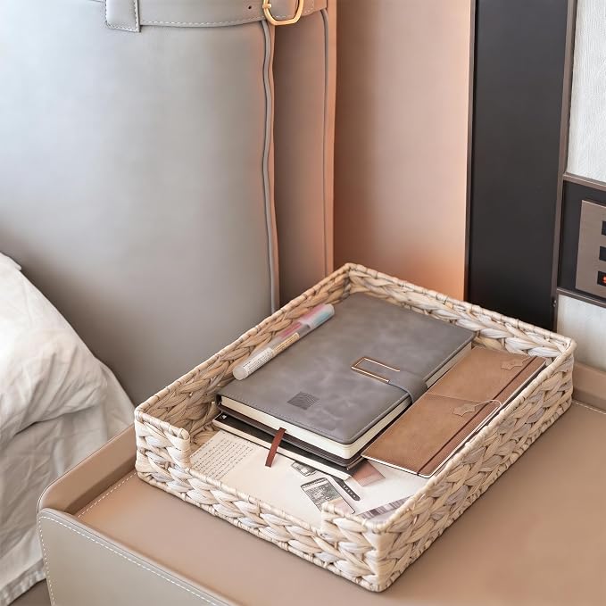 Set of 2 Water Hyacinth Letter Tray for A4 File Desk Mail Letter-Size Paper, Basket Woven Organizer, Magazine Files Storage, Office Document Organizer and Storage,Whitewash