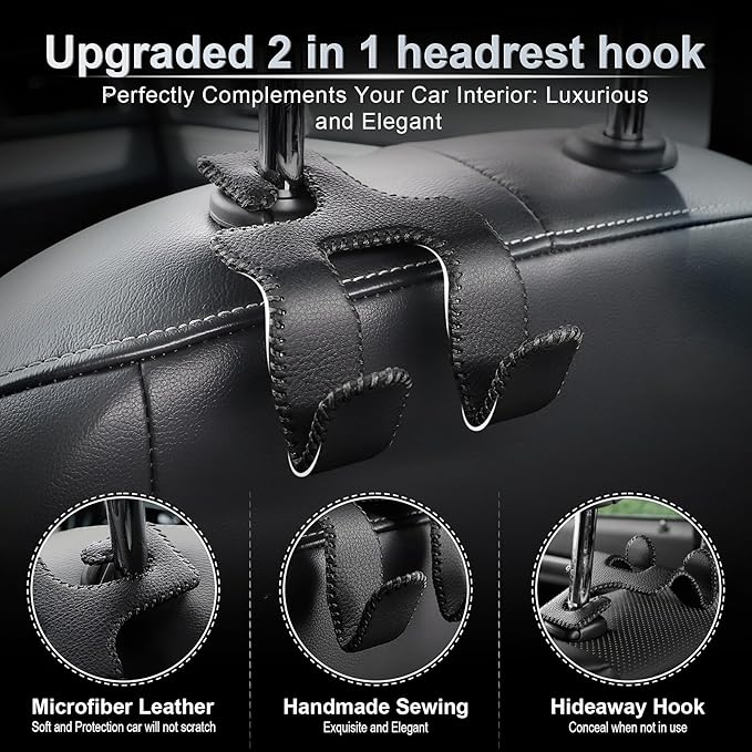 LivTee Upgraded Superior Leather Car Seat Back Headrest Hook, 2 in 1 Auto Seat Hook Hangers Holder Organization Interior Accessories for Purses Coats Umbrellas Grocery Bags Handbag (Black)