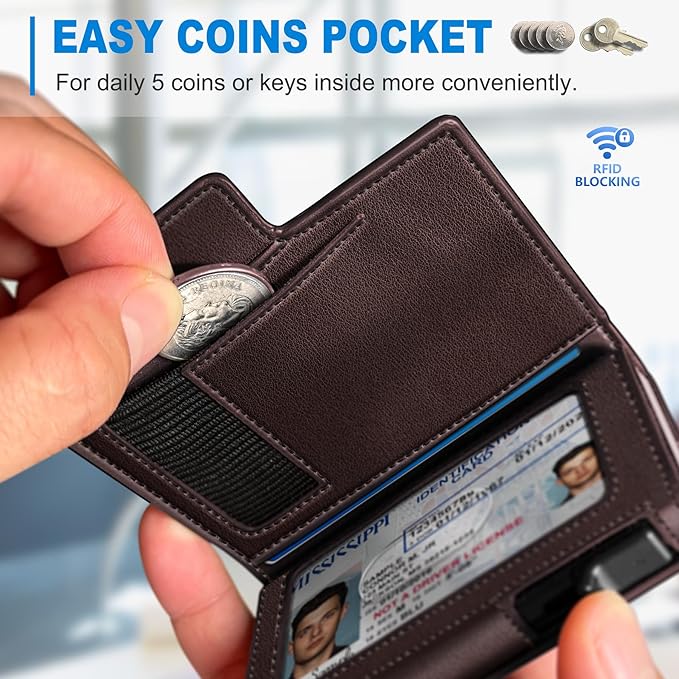 miyozi Men Wallet,with Money Clip Coins Pocket ID Window,Slim Front Pocket RFID Blocking Pop-up Card Holder 3.9"x 2.7", Gift Boxed