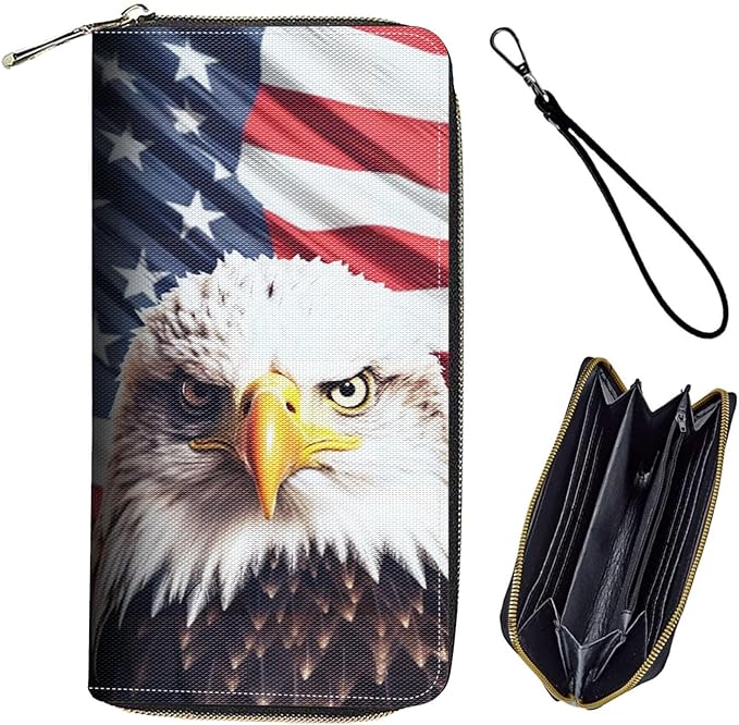 Bxgolkgd Womens Wallet, RFID Blocking Leather Wallet,Large Capacity Wallet Credit Card Holder PU Leather Ladies Clutch with Zipper Coin Pocket - American Flag Eagle