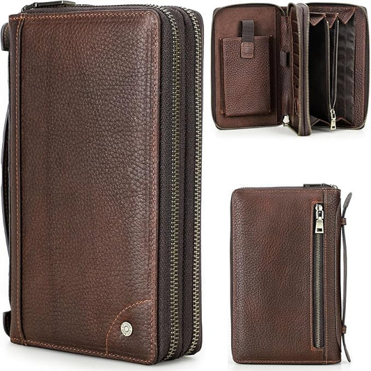 Top Grain Genuine Leather Zipper Clutch Wallet for Man & Woman, Handmade Vintage Design, Multi Slots & Side Pocket & Strap, RFID Large Capacity for Cards/Checks/Passports/Phone/Pen/AirTag, Red Coffee