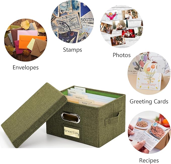 Greeting Card Organizer and Storage Box with 20 Pcs Adjustable Dividers, Storing Cards with 84 Pcs Labels Perfect for Storing Greeting Cards, Envelopes, Photos 1 Pack Olive Green