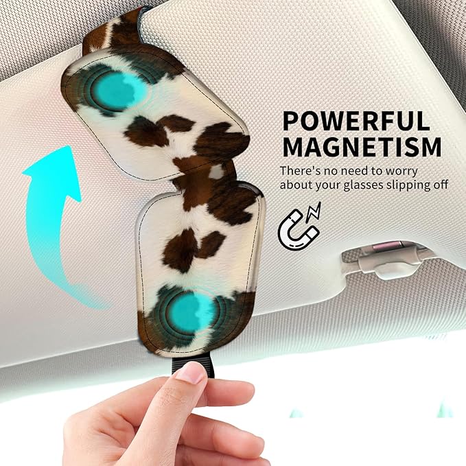 Leather Magnetic Sunglass Holder for Car Sun Visor, Cute Eyeglass Ticket Card Hanger Clip, Universal Auto Interior Accessories for SUV Pickup Truck Brown Cow Print
