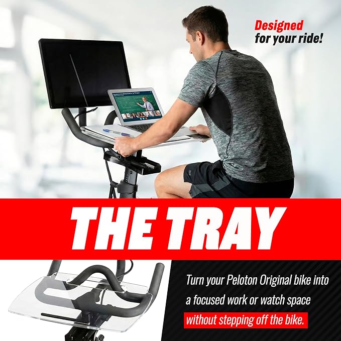 TFD The Tray Original for Peloton Bike Original Models, Angled Acrylic Desk Tray with Rubber Grip Insert for Laptop, Tablet, Phone, and Books, Work or Read While Riding, Clear Acrylic