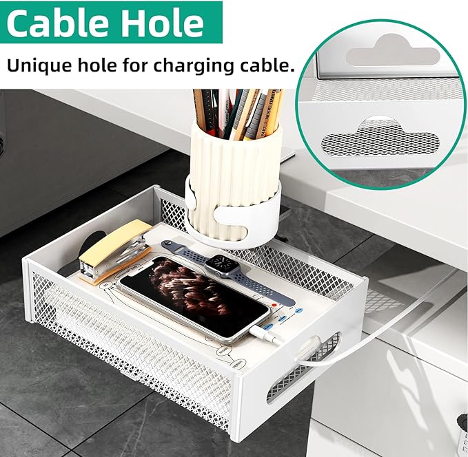 Desk Cup Holder with Drawer Organizer, Anti-Spill Clip-On Table Cup Hook with 360° Rotation Hidden Storage Box for Office Home Gaming Table (White)