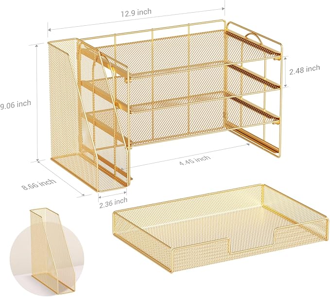 OPNICE Desk Organizer, 4-Tier Desktop File Organizer with Drawer and 2 Pen Holders, Office Desk Accessories, File Sorters, Workspace Organizers for Office Supplies(Gold)
