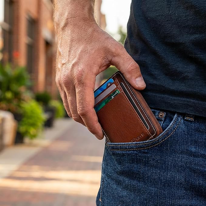 ID Stronghold RFID Blocking Front Pocket Wallet – Slim Minimalist Genuine Leather Wallet with Zipper Coin Pocket (Antiqued Brown)