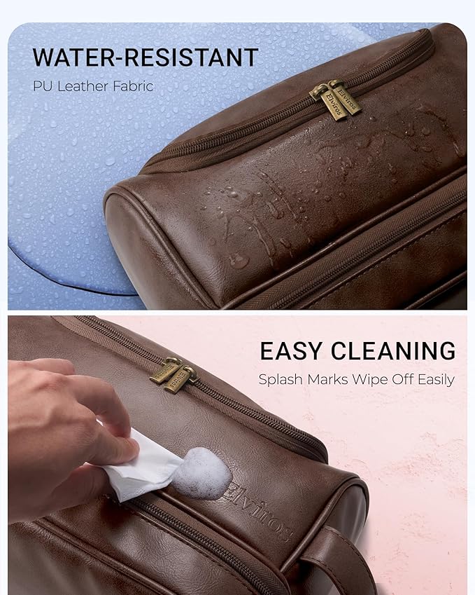 Elviros Toiletry Bag for Mens PU Leather Travel Organizer Kit with Hanging hook, Large Water-resistant Toiletries Bathroom Shaving Bags (Coffee)