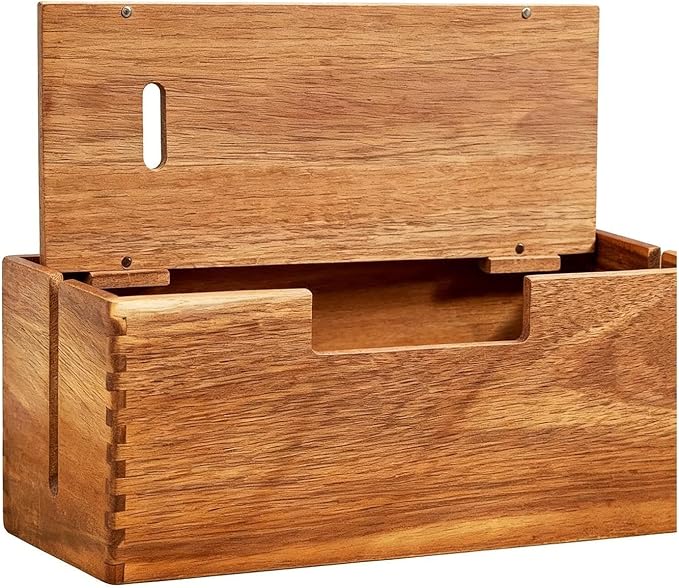 Cable Management Box – Wooden Desktop Organizer Case, Ventilated Cord Storage Container | Extension Cord Concealer Design, Home Office Wire Hiding Solution for Clean Work-Space Use