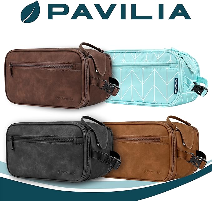 PAVILIA Toiletry Bag for Men, Hanging Travel Dopp Kit Organizer, PU Leather Water Resistant Bathroom Bag for Shaving Grooming, Large Capacity Cosmetic Bag Travel Essentials, Brown