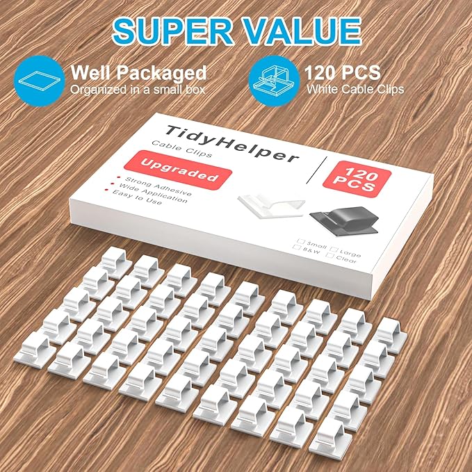 120 PCS Cable Clips White, Upgraded Adhesive Wire Clips for Wall, Strong Cord Clips Holders Wire Organizer for Cable Management, Christmas Lights, USB, Phone Charger, Cat 6, Car Dash Cam