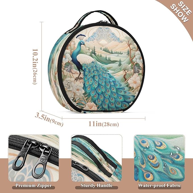 senya Round Cosmetic Pouch Travel Makeup Train Case Vintage Peacock Makeup Organizer Bag with Adjustable Dividers Portable for Cosmetics Makeup Brushes Toiletry Jewelry Accessories