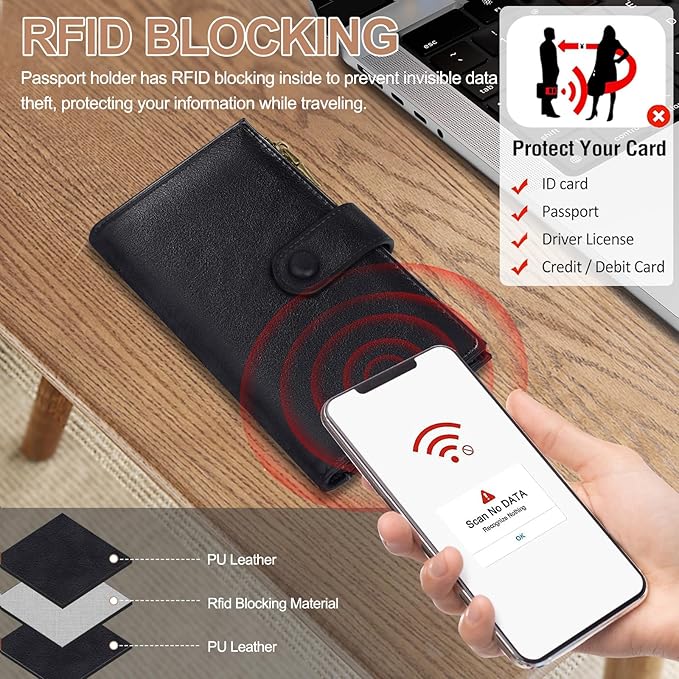 BKNOOU Passport Holder for Travel, RFID Blocking Passport Wallet Travel Wallet for Women Men, Leather Passport Cover with Zippered Coins Pocket, Trifold Clutch Wallet for Airport Essentials/Daily