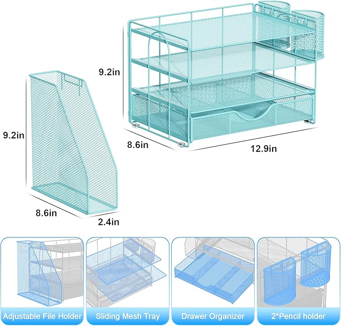 gianotter 4-Tier Paper Letter Tray + Monitor Stand with Storage (Blue)