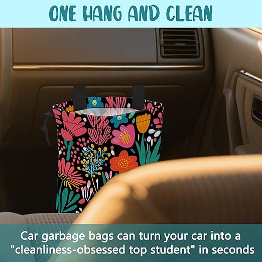 Car Garbage Bag Modern Flower and Green Leaves Hanging Canvas Car Trash Bag Drawstring Car Back Seat Organizer for Car Back Front Seat Console with Adjustable Buckle