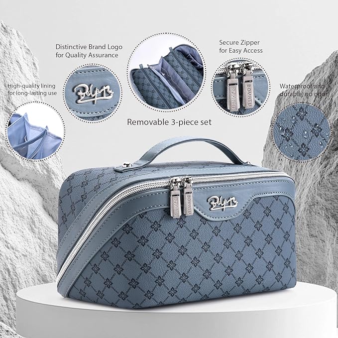BOYATU Travel Makeup Bag Cosmetic Bags for Women: 3 Pcs Set Large Capacity Make up Bag with Handle - Vegan Leather Toiletry Bags with Compartments - Makeup Organizer for Travel Essentials(A-4-Blue)