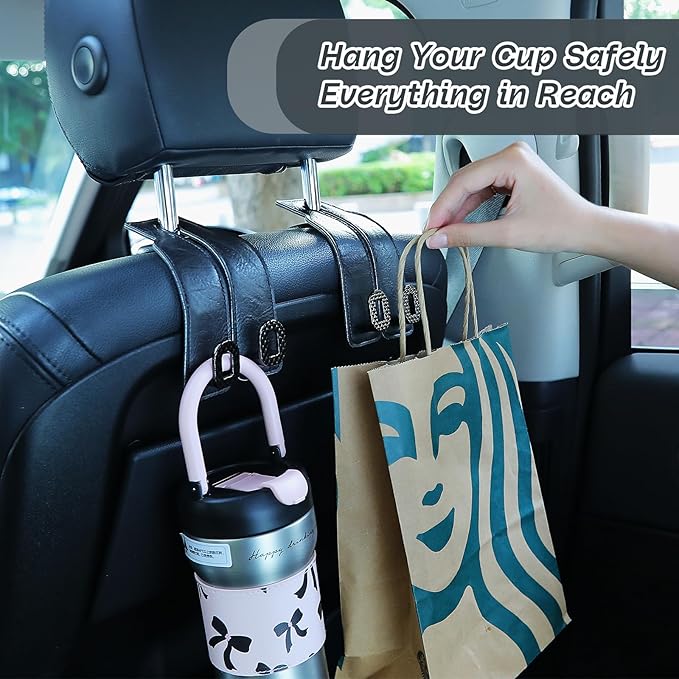 Car Headrest Hooks Universal Car Purse Hook Premium Leather and Alloy Twin Hook Car Seat Back Storage Hanger Hook for Purse Bags Cloth Drink Durable Holder Car Accessories (BH09-Black-Black)