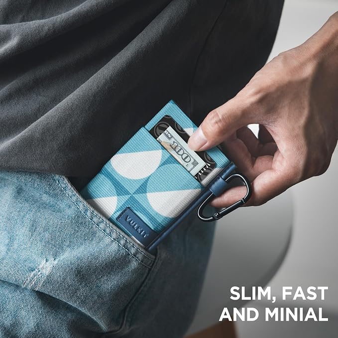 VULKIT Slim Wallet for Men and Women, Pop up Credit Card holder Metal Case RFID Blocking with Keychain and Elastic Pocket (Circle Blue)