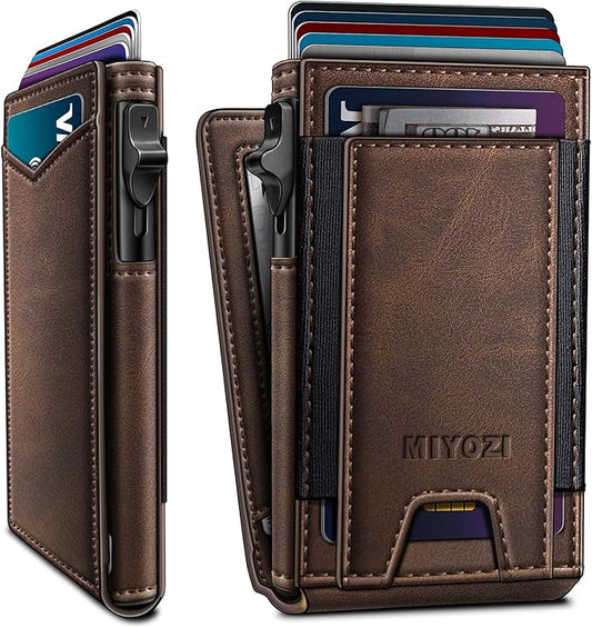 miyozi Wallet for Men, Slim Pop Up Card Holder - RFID Blocking Minimalist Bifold Wallet with ID Window, Holds 9-11 Cards & Stretchable Strap, Metal Flip Case with Magnetic Closure, Gift Box